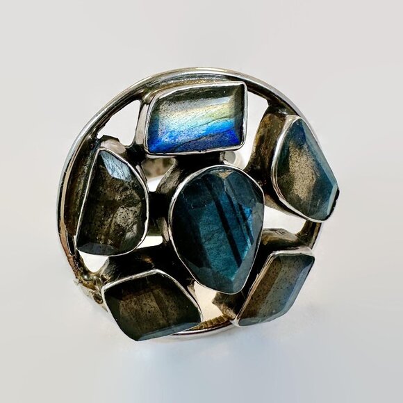 Labradorite Ring, Sterling Silver, Statement, Big, Vintage, Size 7 3/4 - Picture 7 of 7